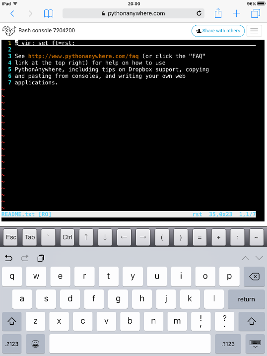 PythonAnywhere running on an iPad